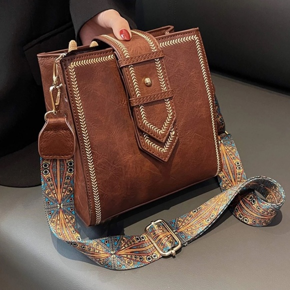 Handbags - Brown Vegan Leather Western Strap Shoulder Crossbody